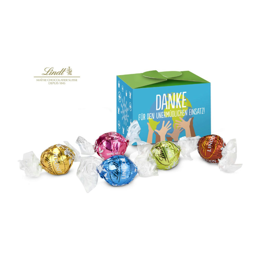 Product image Geschenkartikel / Präsentartikel: Lindt süßes Danke, Pralinenschachtel mit Globus, 5 Lindorkugeln für Ihre Mitarbeiter (ca. 75 g) Werbeartikel