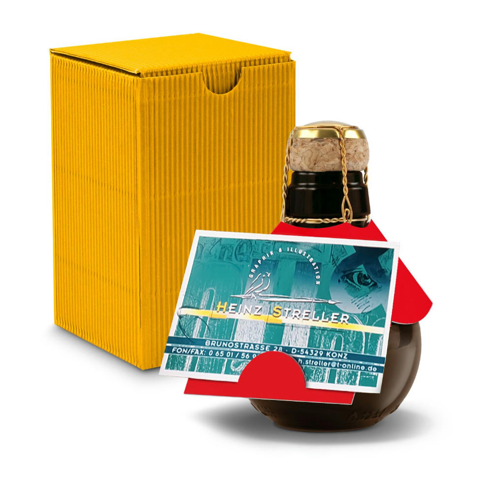 Kleinste Sektflasche der Welt! Visitenkarteneinschub - Inklusive Geschenkkarton in Gelb, 125 ml Werbeartikel