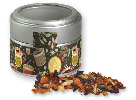 Kaminfeuer Tee, ca. 30g, Metalldose Mini mit Sichtfenster silber Werbeartikel