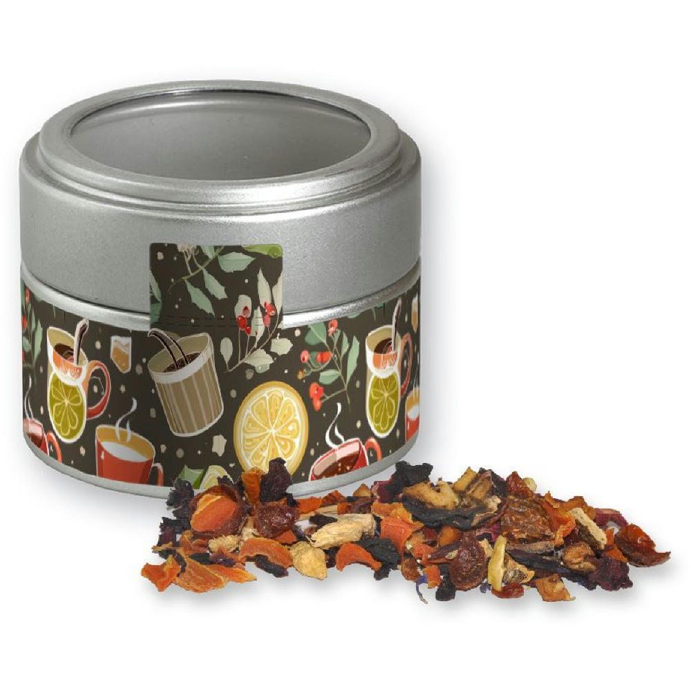 Product image Kaminfeuer Tee, ca. 30g, Metalldose Mini mit Sichtfenster silber Werbeartikel