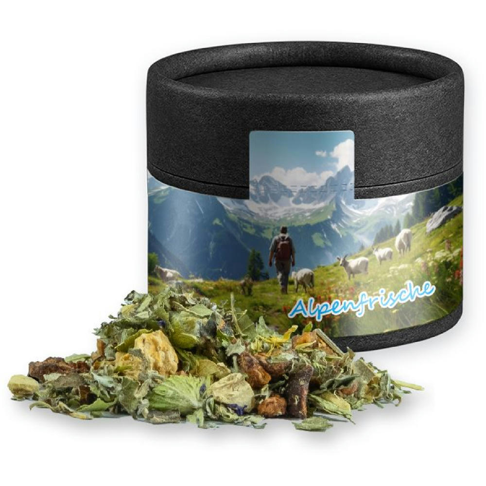 Kräutertee Bergtee & Zitrus, ca. 15g, Kraftpapierdose Mini schwarz Werbeartikel