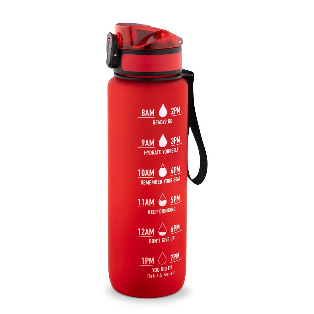 ERIKSSON. Flasche aus recyceltem PET (100 % rPET) mit motivierenden Sprüchen und Zeitmarkierungen, die zum Wassertrinken anregen Werbeartikel