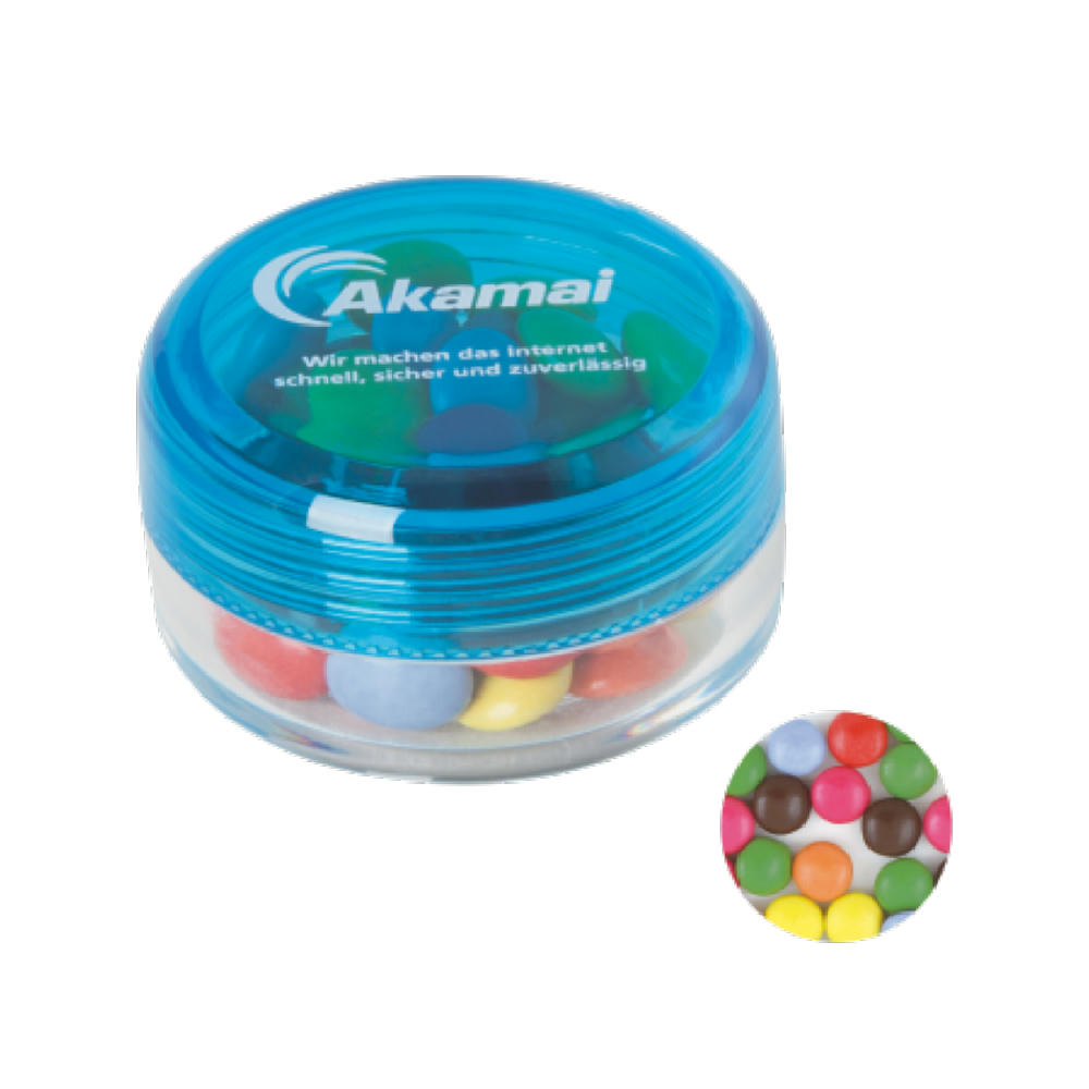 Runde Plastikdose mit farbigem Deckel gefüllt mit ca. 12 gr. Schokocarletties TAMPONDRUCK Werbeartikel