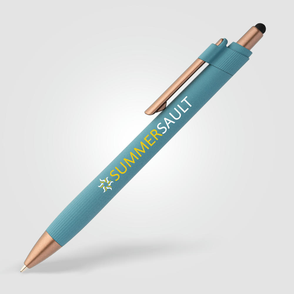 York Kugelschreiber mit bronzefarbenen Akzenten und Stylus aus recyceltem Kunststoff Werbeartikel
