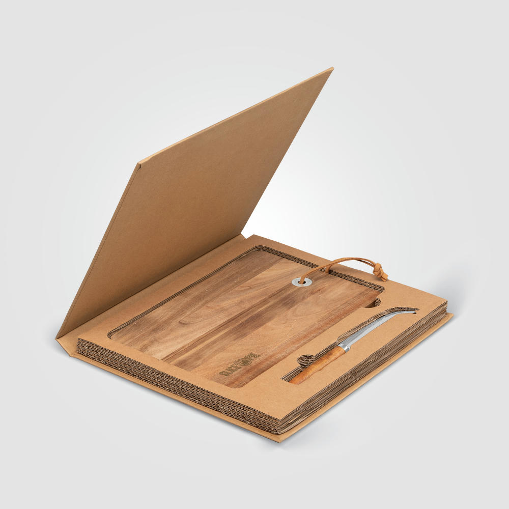 Mysa Käsemesser mit Servierbrett zum Aufhängen aus FSC-zertifiziertem Bambusholz – 262 x 290 x 25 mm Werbeartikel