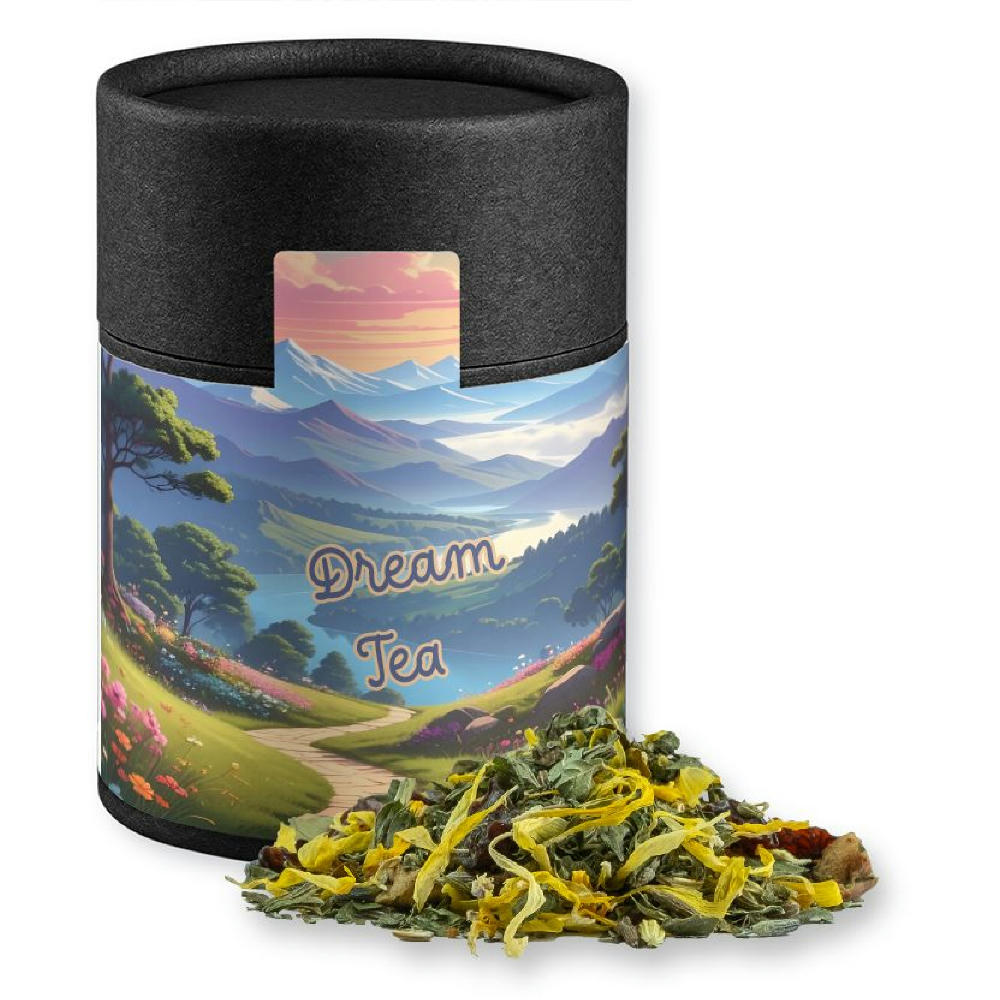 Kräutertee Lavendel, ca. 27g, Kraftpapierdose Midi schwarz Werbeartikel