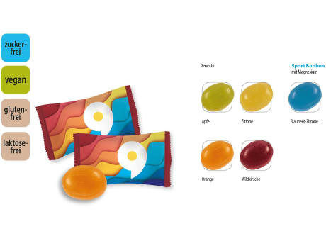 Product image Bonbon zuckerfrei vegan Flowpack, 1 Stück, Inhalt: Bonbon zuckerfrei bunt gemischt, vegan Werbeartikel