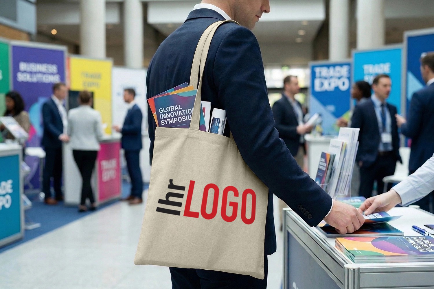 Mann trägt Carolina 100 Baumwolltasche gefüllt mit Giveaways – praktischer Werbeartikel für Promotion und Events