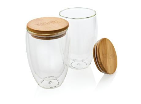 2-tlg Set Borosilikatgläser mit Bambusdeckel 350ml bedrucken