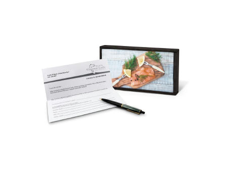 Geschenkartikel / Präsentartikel: Lachs-Gutschein in Holzbox: Feinschmecker Werbeartikel