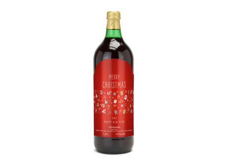 Glühwein - Flasche grün, mit Schraubverschluss, 1 l - Motiv: Merry Christmas (rot) Werbeartikel