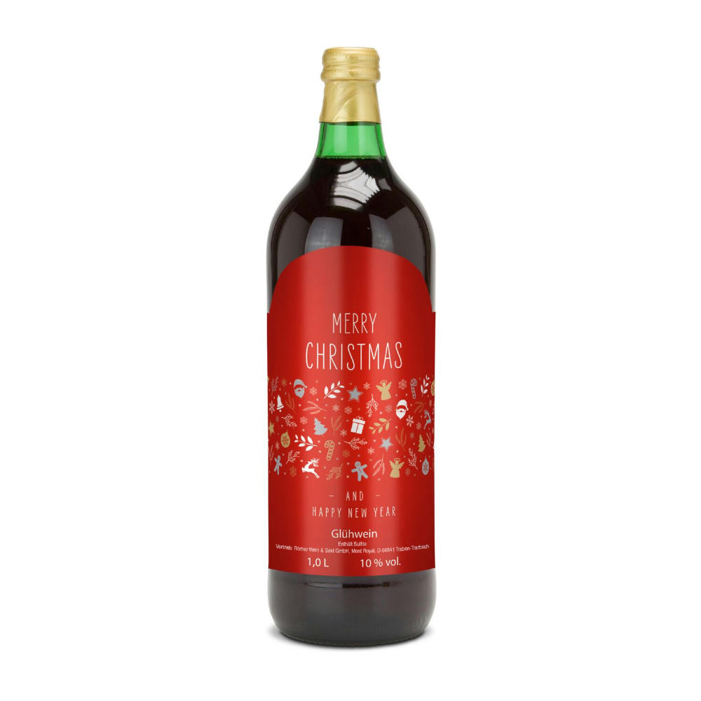 Product image Glühwein - Flasche grün, mit Schraubverschluss, 1 l - Motiv: Merry Christmas (rot) Werbeartikel