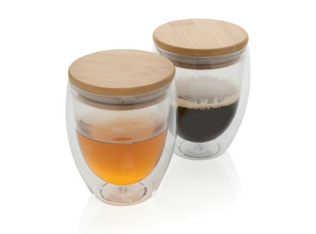 2-tlg Set Borosilikatgläser mit Bambusdeckel 250ml bedrucken