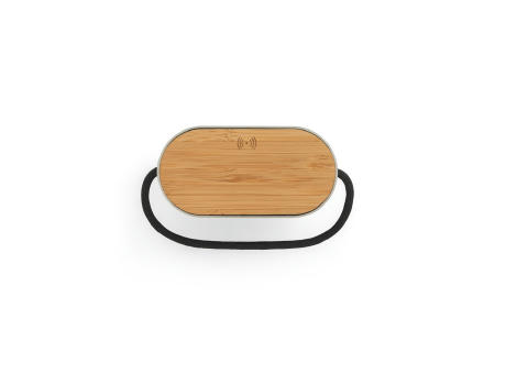 GUETTA. Tragbarer 5W-Lautsprecher mit superschnellem kabellosem 15W-Ladegerät und 2h Akkulaufzeit aus Bambus und Recyceltes PET (100% rPET) Werbeartikel