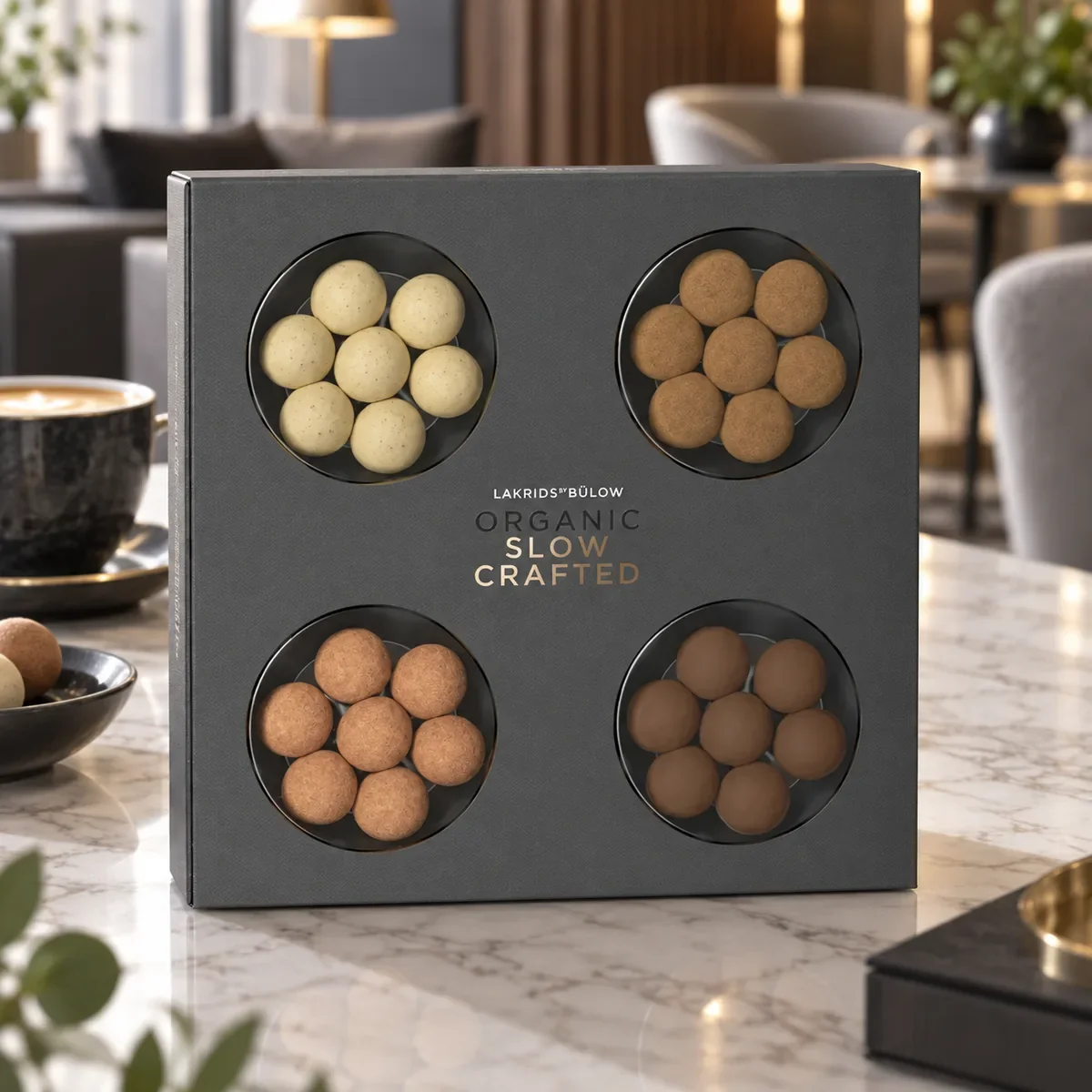 LAKRIDS BY BÜLOW Organic Slow Crafted Selection Box als hochwertige Lakritz-Geschenkbox auf einem Marmortisch in einer Business-Lounge.