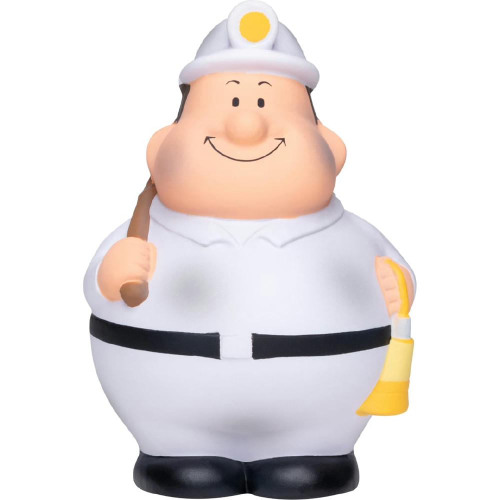 Bergbau Bert in weißer Steigerkluft mit Helm, Grubenlampe und Häckel – Anti-Stress-Figur mit Logo für die Rohstoffbranche