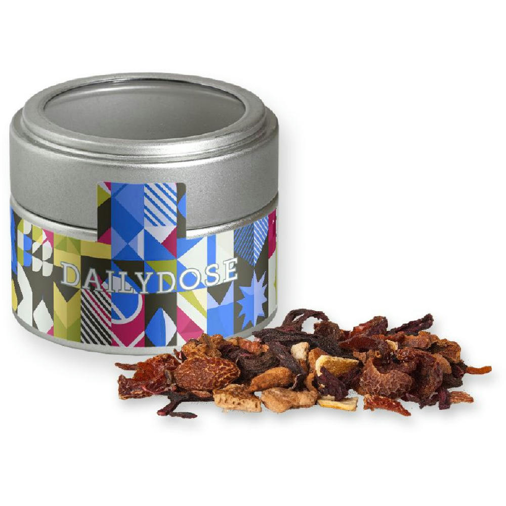 Product image Glühweingewürz fein, ca. 30g, Metalldose Mini mit Sichtfenster silber Werbeartikel