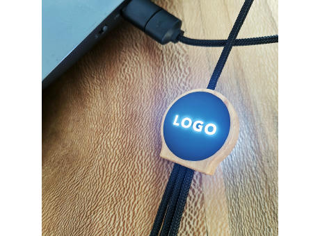 Asimov 5-in-1 Kabel aus Bambus und rPET. Mit hinterleuchtetem Logo bedrucken