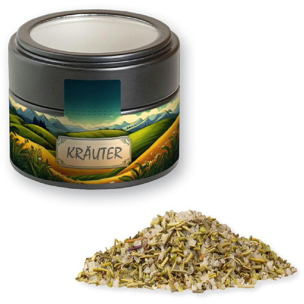 Gewürzmischung Kräutersalz, ca. 75g, Metalldose Mini mit Sichtfenster schwarz Werbeartikel