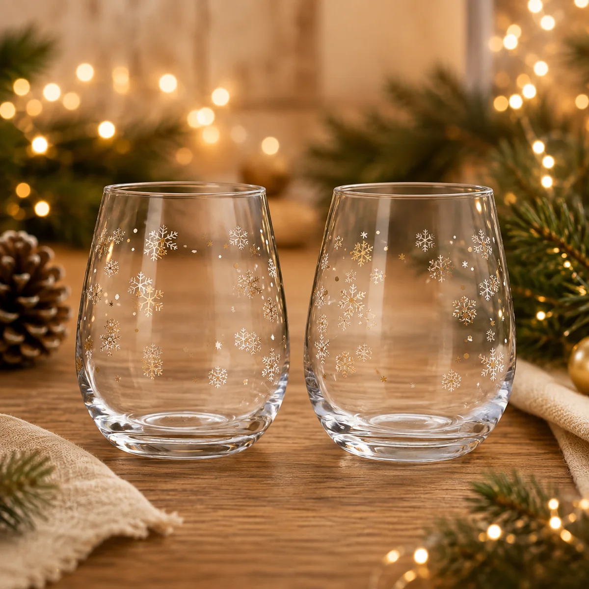 Zwei Trinkgläser mit Schneeflocken-Dekor als weihnachtliches Werbegeschenk im 2er-Set