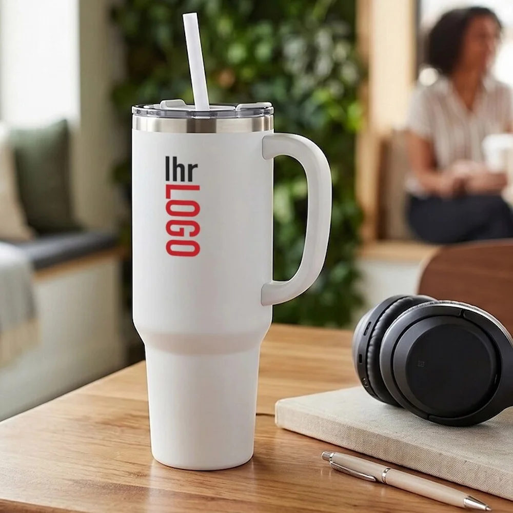 Sydney doppelwandiger Thermobecher in Weiß auf dem Tisch – hochwertiger Werbeartikel für Büro und Alltag