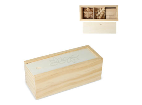 Dieses nachhaltige Set enthält drei spannende Denkspiele: ein Sternenpuzzle, ein Pyramidenpuzzle und ein 3D-Würfelpuzzle, die alle aus FSC-Holz gefertigt sind. Sie sind in einer FSC-Holzbox  Werbeartikel