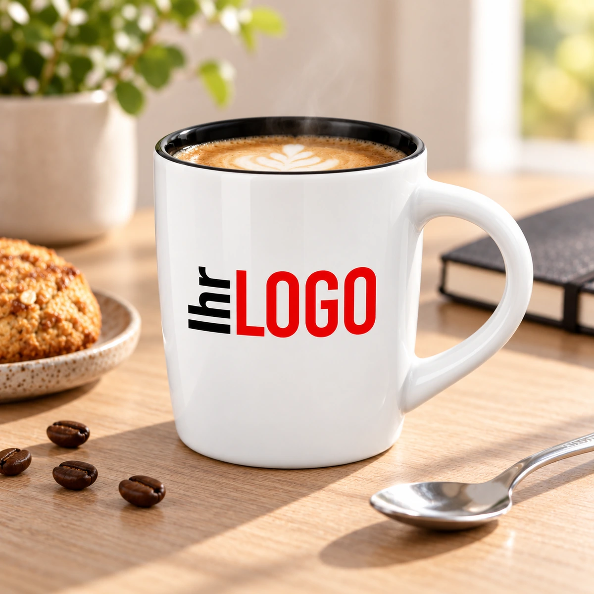 Aztec 340 ml Keramiktasse in Weiß mit schwarzem Innenbereich und „Ihr Logo“ in einer stilvollen Kaffeeszene als Werbeartikel.