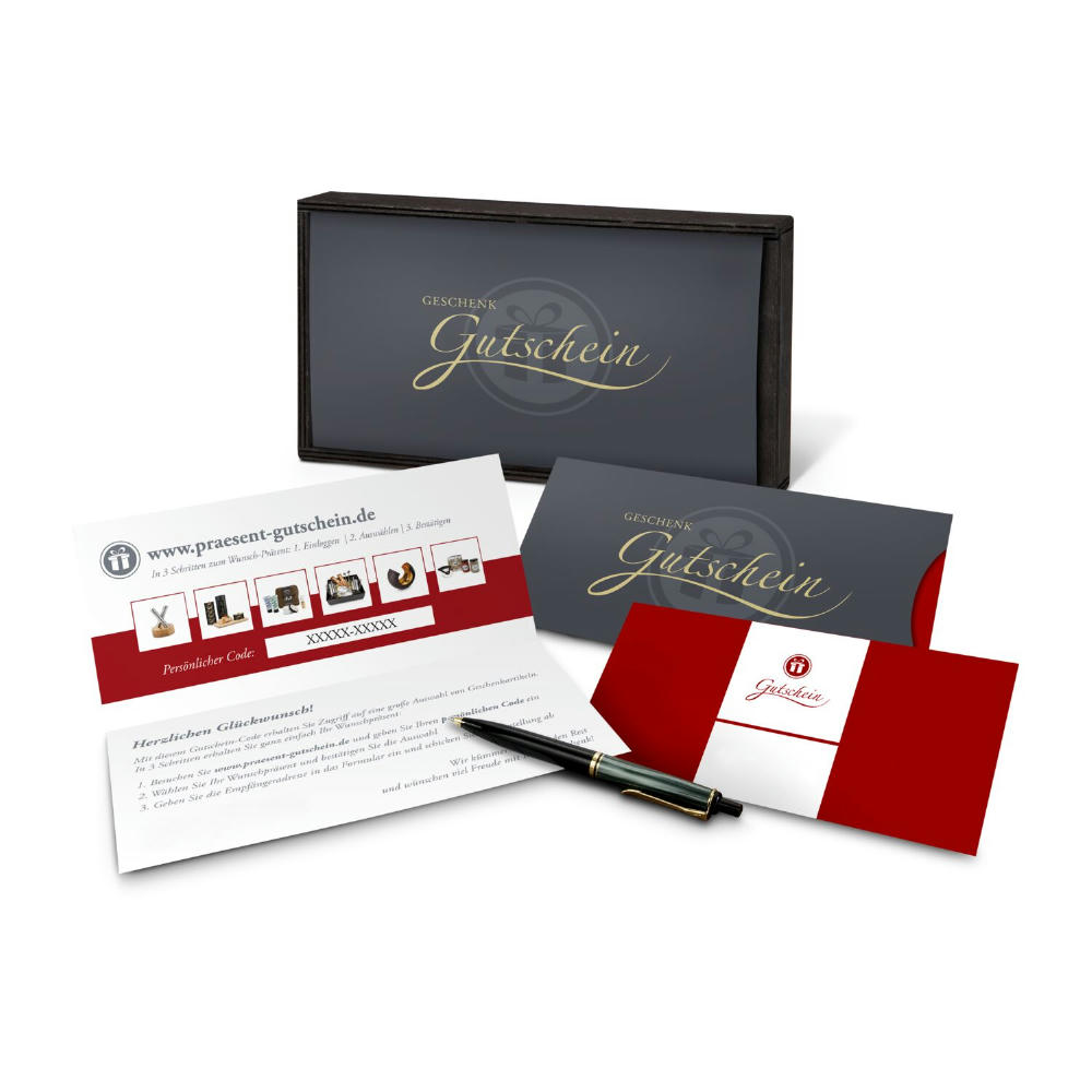 Product image Geschenkgutschein Rot in Holzkiste, Kategorie 10 €, große Auswahl an Präsenten, Lifestyle- und Wellnessprodukten Werbeartikel