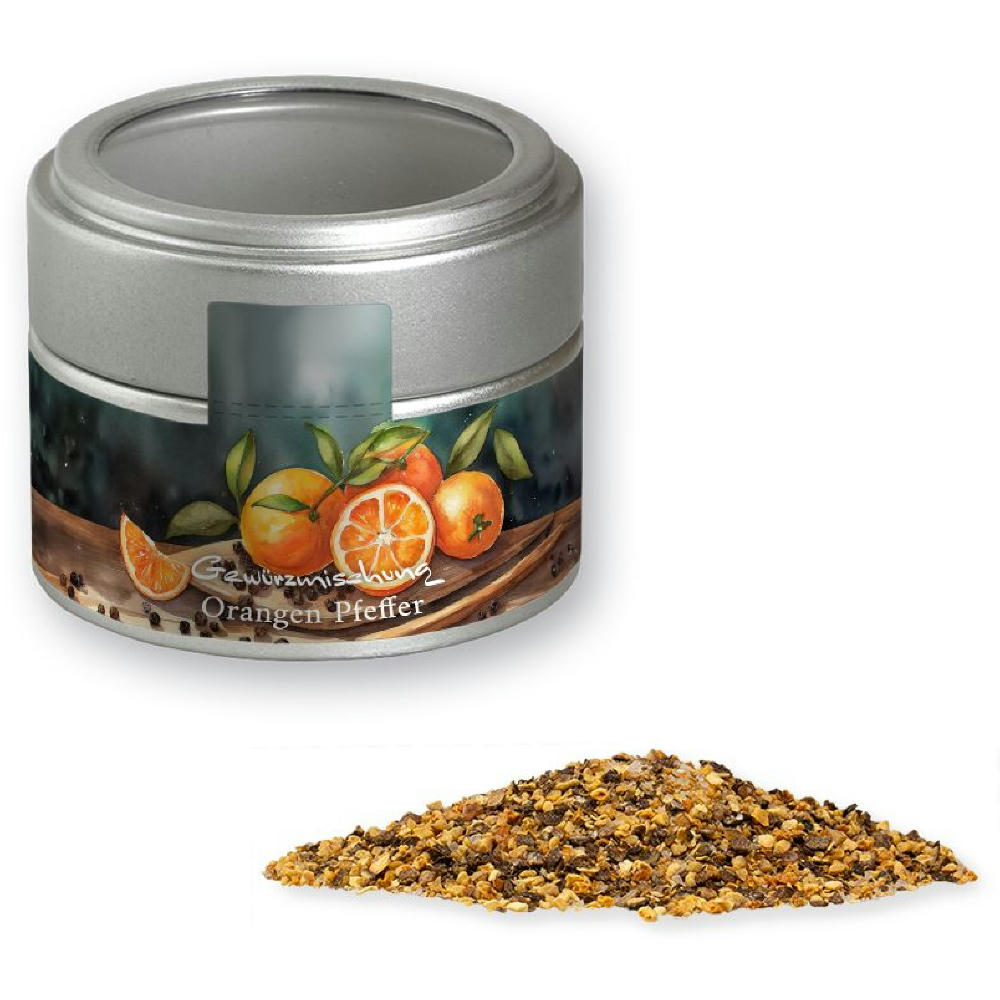 Product image Gewürzmischung Orangen-Pfeffer, ca. 55g, Metalldose Mini mit Sichtfenster silber Werbeartikel
