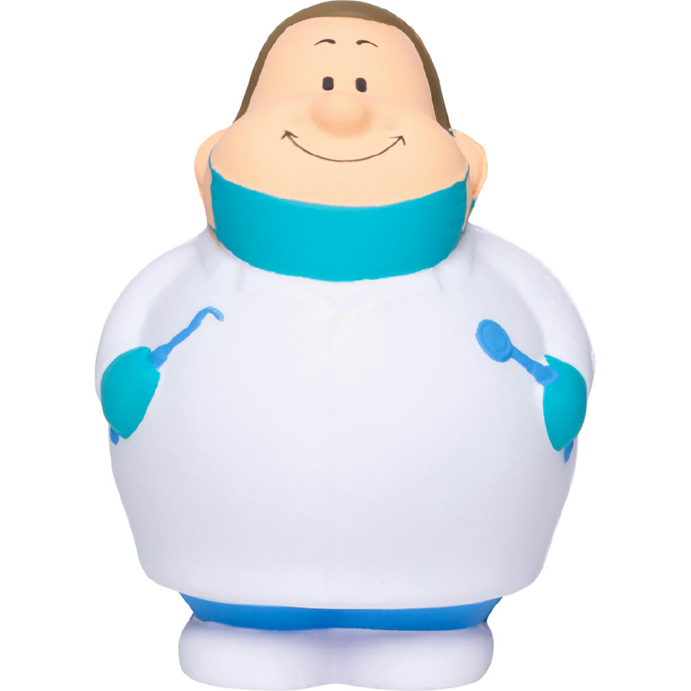 Product image Zahnarzt Bert im weißen Kittel mit Mundspiegel und Bohrer – Anti-Stress-Figur als Werbeartikel für Dentalpraxen
