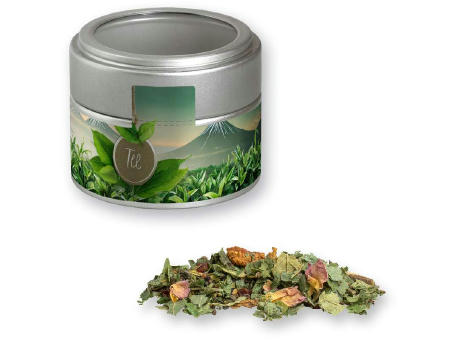 Product image Kräutertee Glücksgefühle, ca. 15g, Metalldose Mini mit Sichtfenster silber Werbeartikel