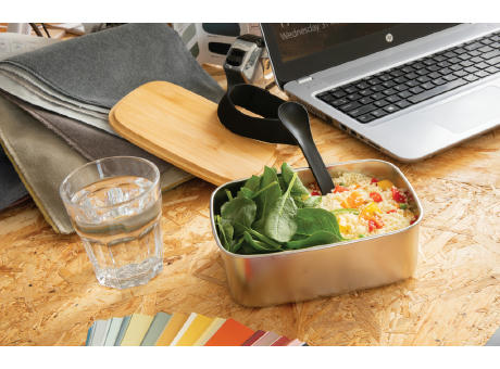Stainless Steel Lunchbox mit Bambus-Deckel und Göffel Werbeartikel