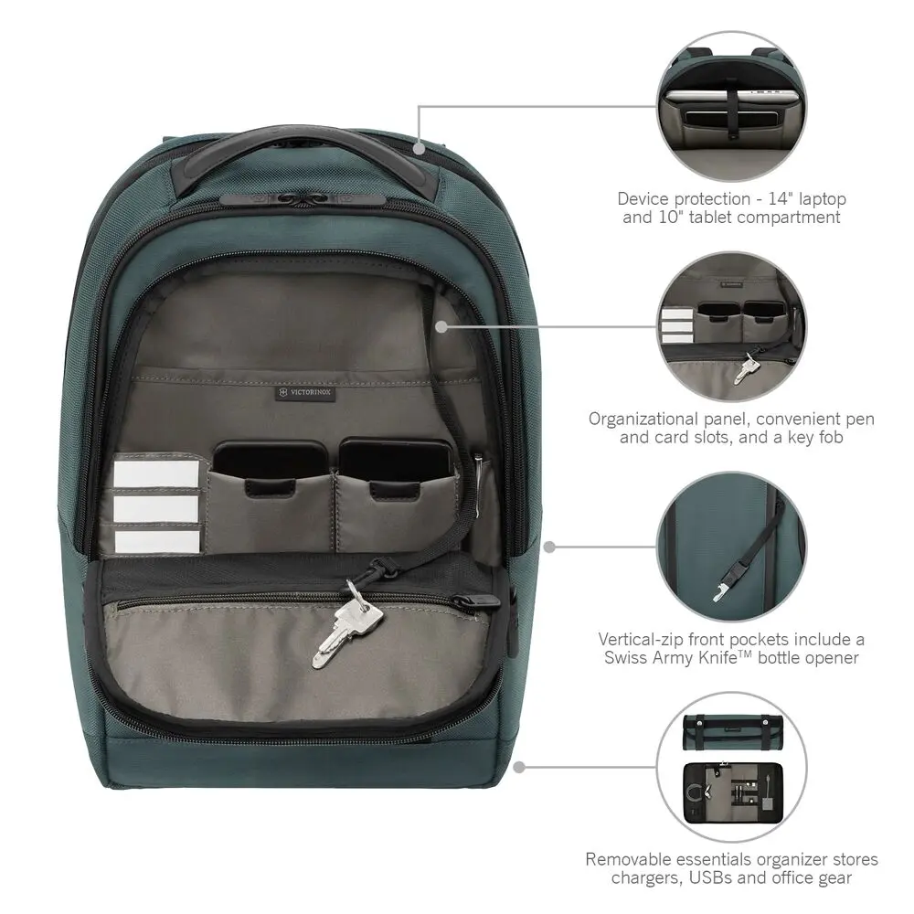 Victorinox Altmont Compact Laptop Backpack Infografik mit Detailansichten, kompakter Premium Rucksack mit hervorgehobenen Features wie Laptopfach, Organizer und Komfortträgern, ideal als Werbeartikel mit Logo für Unternehmen.