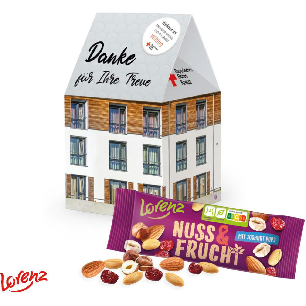 Product image 3D Präsent "Haus" mit Lorenz Nuss & Frucht Werbeartikel