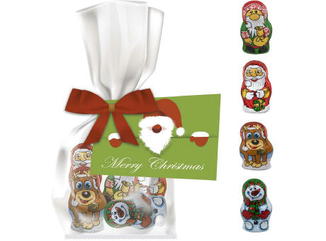 Schoko-Weihnachts Mix, ca. 35g, Express Flachbeutel mit Schleife mit Werbekarte bedrucken