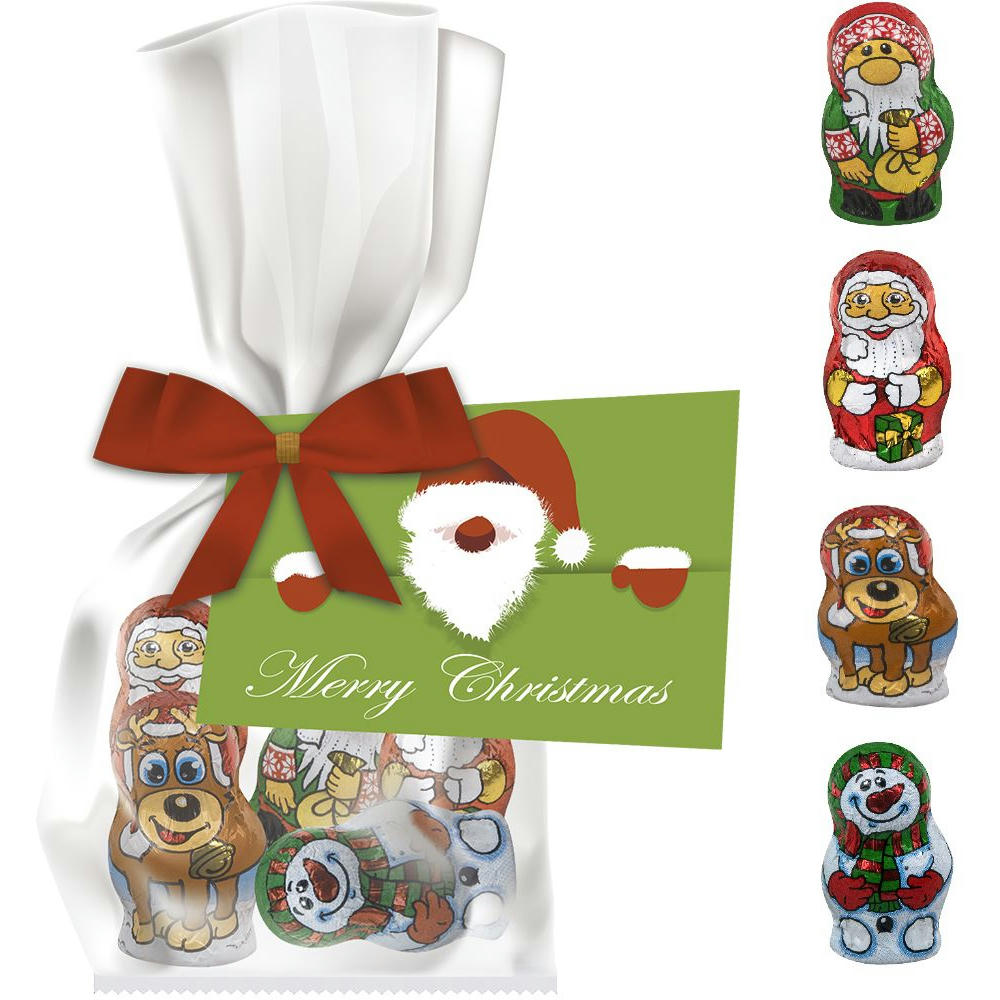 Product image Schoko-Weihnachts Mix, ca. 35g, Express Flachbeutel mit Schleife mit Werbekarte Werbeartikel
