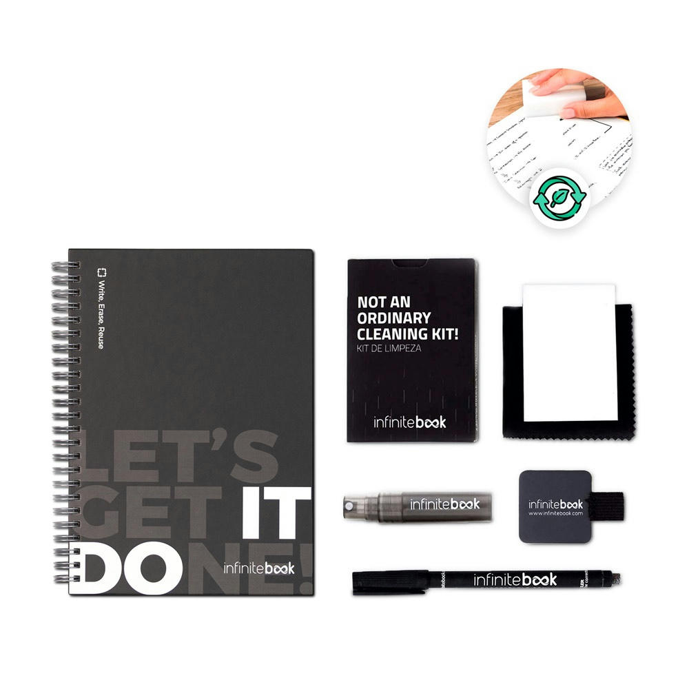 STARTER KIT INFINITEBOOK. Set bestehend aus einem Infinitebook mit Hardcover, einem Reinigungsset, einem Marker und einem Kugelschreiberhalter Werbeartikel