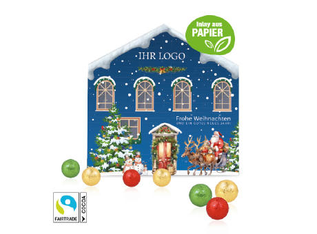 Adventskalender Weihnachtshaus "Exklusiv" mit Fairtrade® Schokolade Werbeartikel