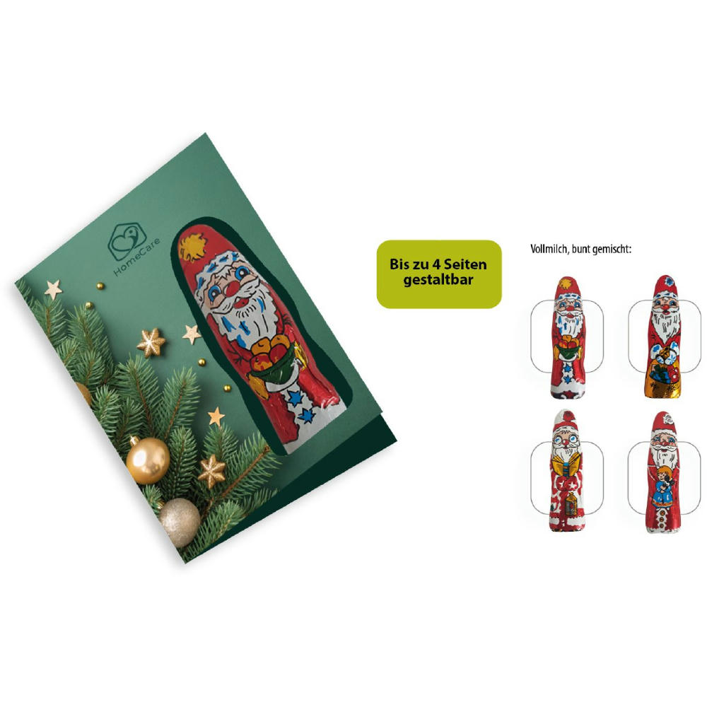 Product image Faltkarte mit individuellem Druck - Schokofigur, 1 Stück, Inhalt: Figur aus Edel-Vollmilchschokolade (Weihnachtsmann) Werbeartikel