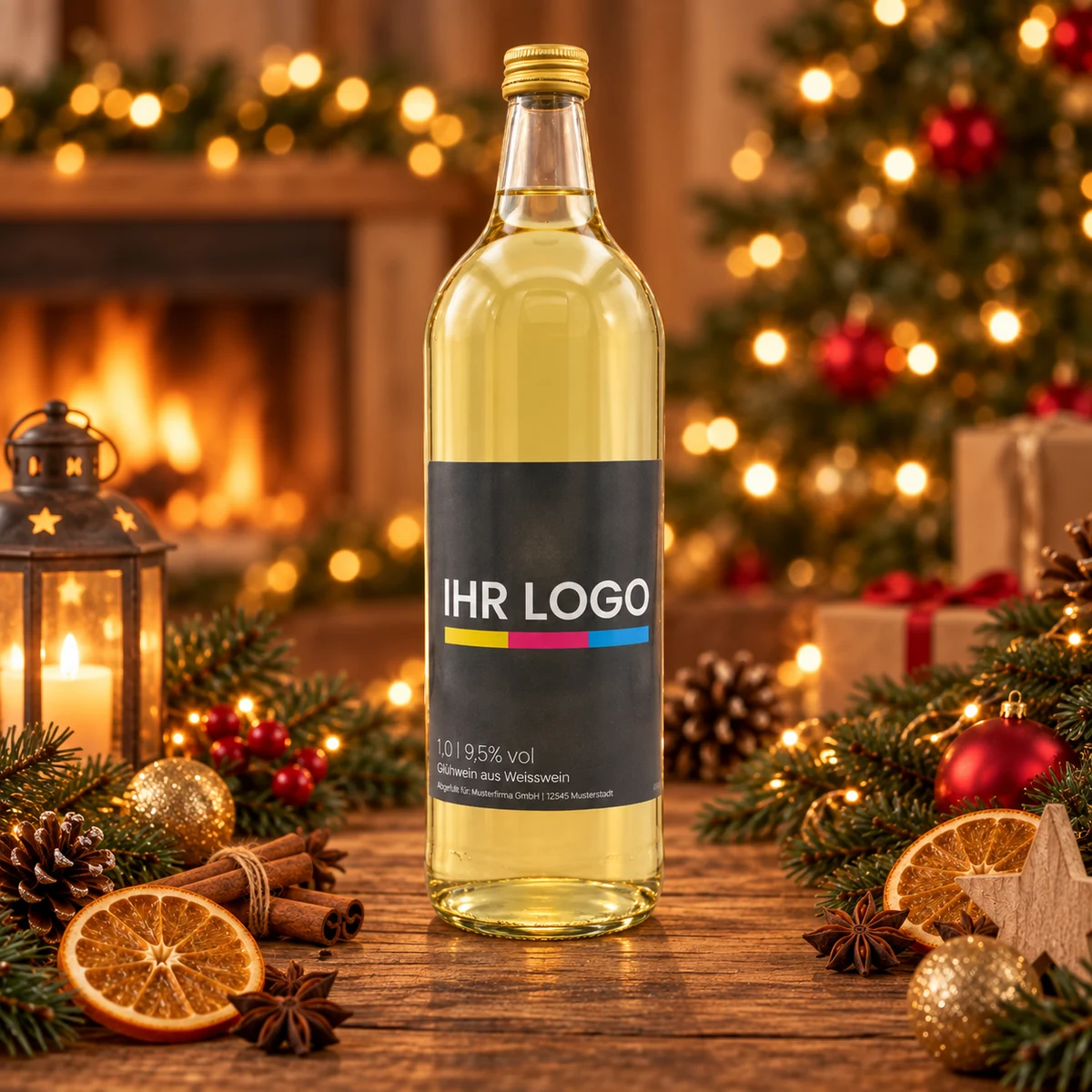Weißer Glühwein 1 Liter mit individuellem Logoetikett als weihnachtlicher Werbeartikel