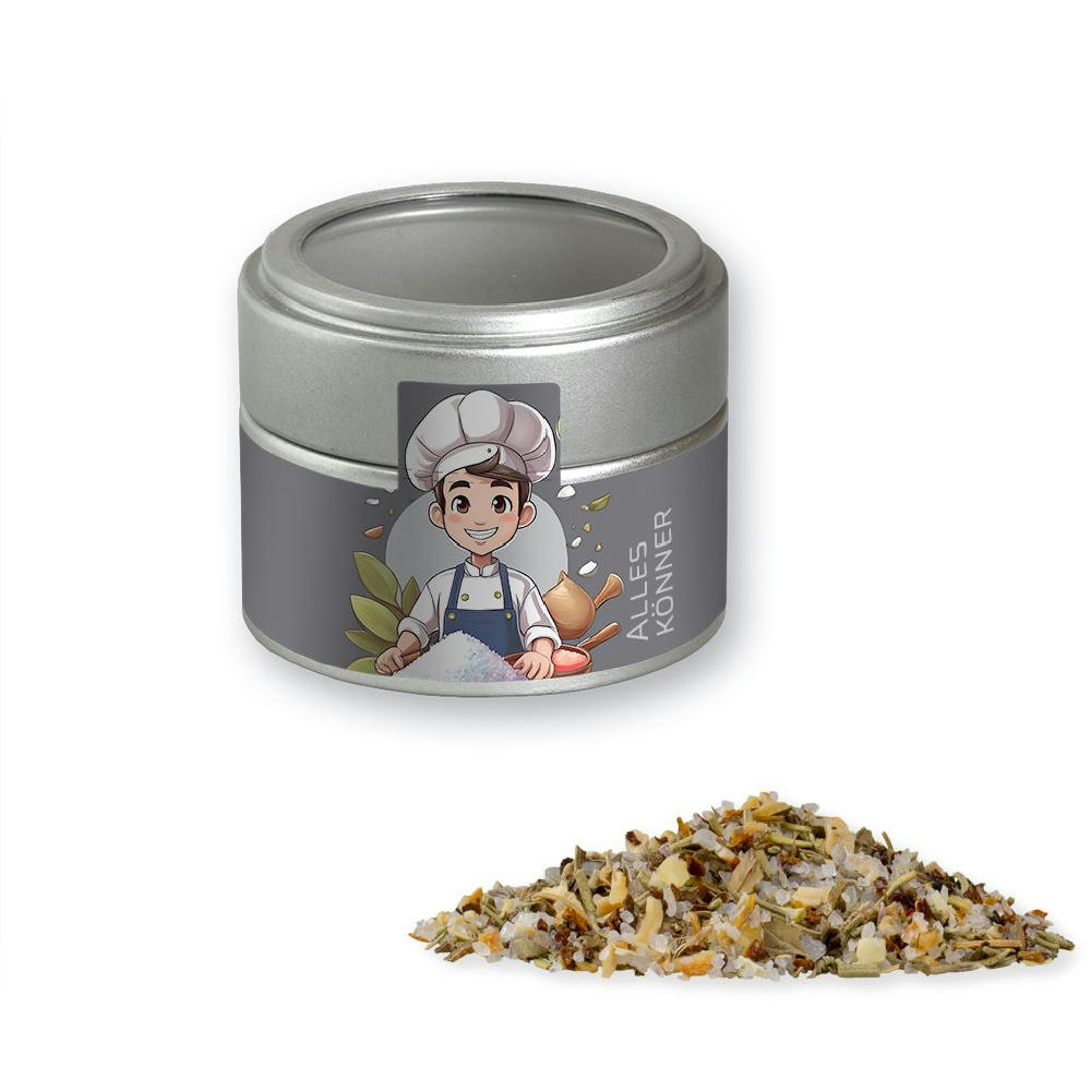 Gewürzmischung Alleskönner, ca. 60g, Metalldose Mini mit Sichtfenster silber Werbeartikel
