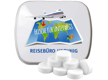 Product image Pfefferminz Drops zuckerfrei, ca. 20g, Mintdose weiß Werbeartikel