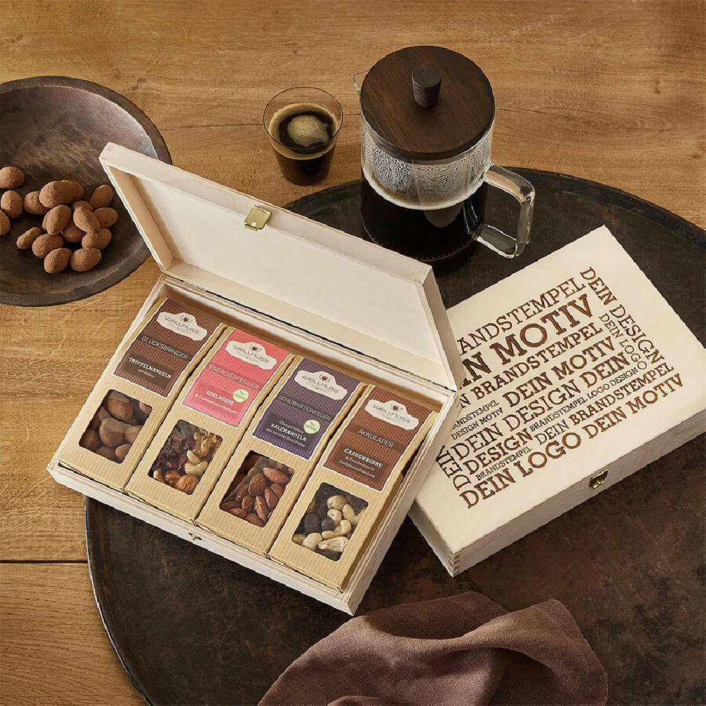 Product image 4 Premium Snacks in der Birkenholzbox Werbeartikel