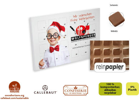 Tisch Adventskalender aus Reinpapier individuell bedruckt,   48 g, Inhalt: Callebaut Vollmilch Schokolade Kalender Werbeartikel