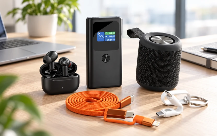 Technik-Werbeartikel mit Powerbank, Bluetooth-Kopfhörern, Lautsprecher und Ladekabeln auf einem modernen Schreibtisch.