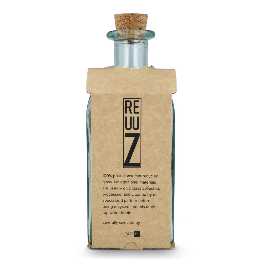 InSideOut Square Recycelte Glaswasserflasche ReuuZ mit Korkverschluss 1 l Werbeartikel