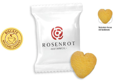 Product image Butterkeks Herzen Flowpack, 1 Stück, Inhalt: Butterkeks Herzen Werbeartikel