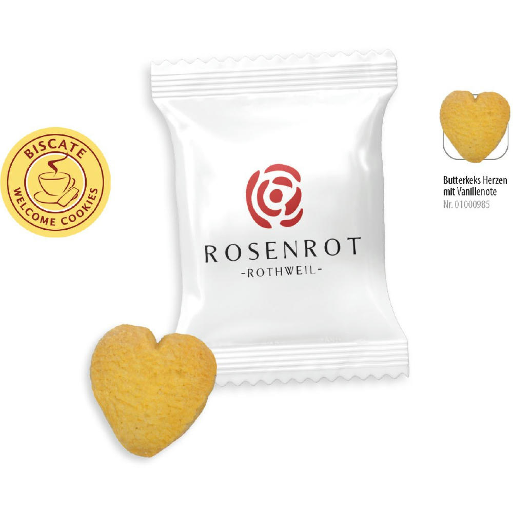 Product image Butterkeks Herzen Flowpack, 1 Stück, Inhalt: Butterkeks Herzen Werbeartikel