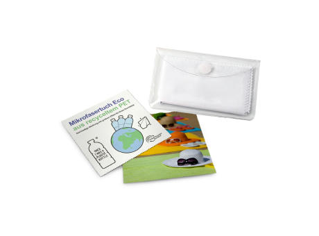 Product image Brillenputztuch rPET - Mikrofasertuch 15 x 15 cm, in transparentem Schutzetui mit Klettpunkt Werbeartikel