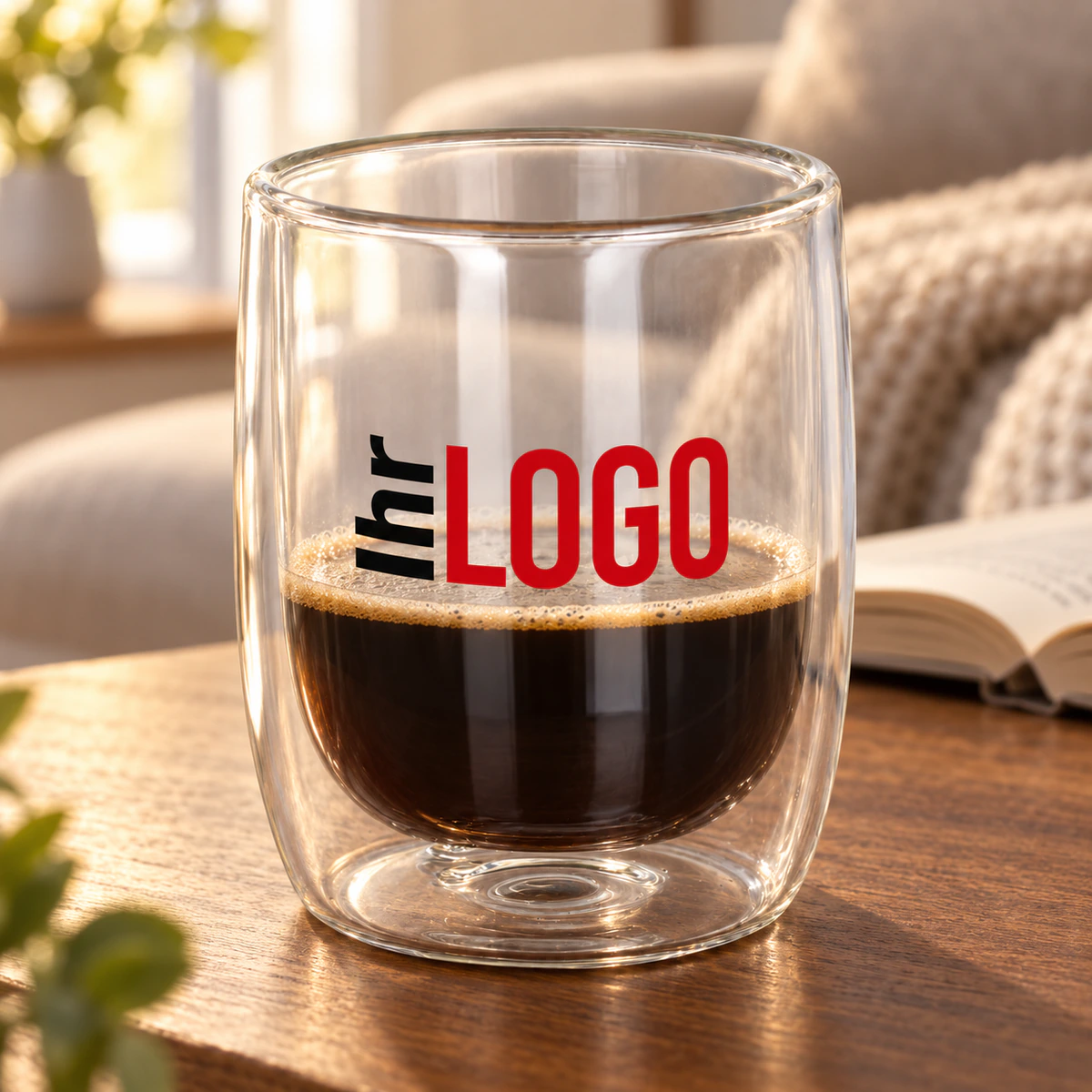 Doppelwandiges Kaffeeglas Marian 230 ml Doppelwandiges Kaffeeglas Marian, 230 ml, mit Logo und Kaffee auf einem Holztisch vor einem Sofa, neben einem offenen Buch.